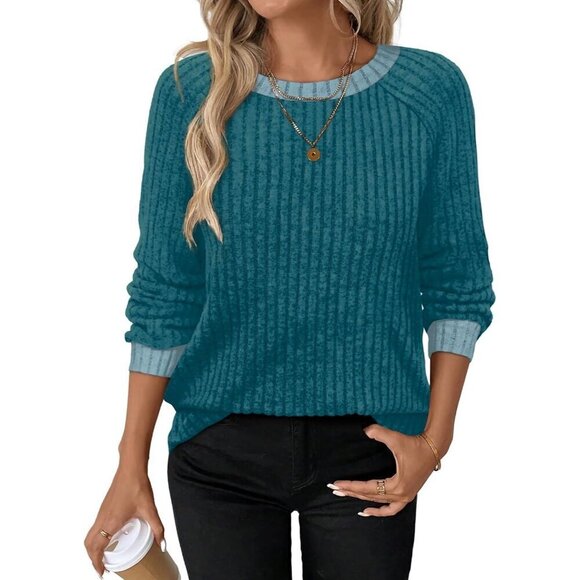 Sweaters - Women Teal Blue Imported Pull On Long Sleeve Lightweight Casual Winter Sweaters